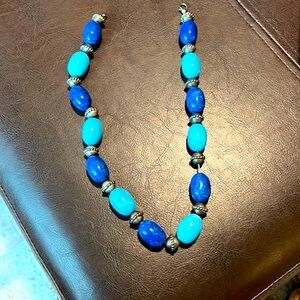 17” long necklace. Turquoise, lapis and silver colored beads